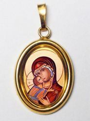 Picture of Our Lady of Vladimir Gold plated Silver and Porcelain oval Pendant mm 19x24 (0,75x0,95 inch) Unisex Woman Man