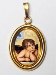 Imagen de Ángel Medalla Colgante oval mm 19x24 (0,75x0,95 inch) Plata con baño de oro y Porcelana Unisex Mujer Hombre y Niños