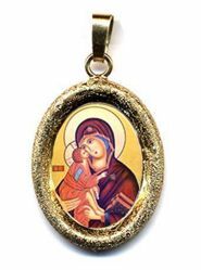 Picture of Our Lady of Vladimir Gold plated Silver and Porcelain diamond-cut oval Pendant mm 19x24 (0,75x0,95 inch) Unisex Woman Man
