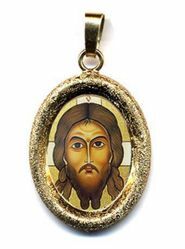 Picture of Holy Face Gold plated Silver and Porcelain diamond-cut oval Pendant mm 19x24 (0,75x0,95 inch) Unisex Woman Man