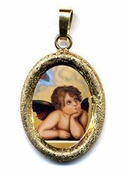 Imagen de Ángel Medalla Colgante oval acabado diamante mm 19x24 (0,75x0,95 inch) Plata con baño de oro y Porcelana Unisex Mujer Hombre y Niños