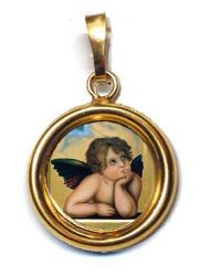 Imagen de Ángel Medalla colgante redonda acabado liso Diám mm 19 (0 75 inch) Plata con baño de oro y Porcelana Unisex Mujer Hombre y Niños