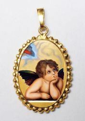 Imagen de Ángel Medalla colgante oval de corona mm 24x30 (0,94x1,18 inch) Plata con baño de oro y Porcelana para Mujer y Niños