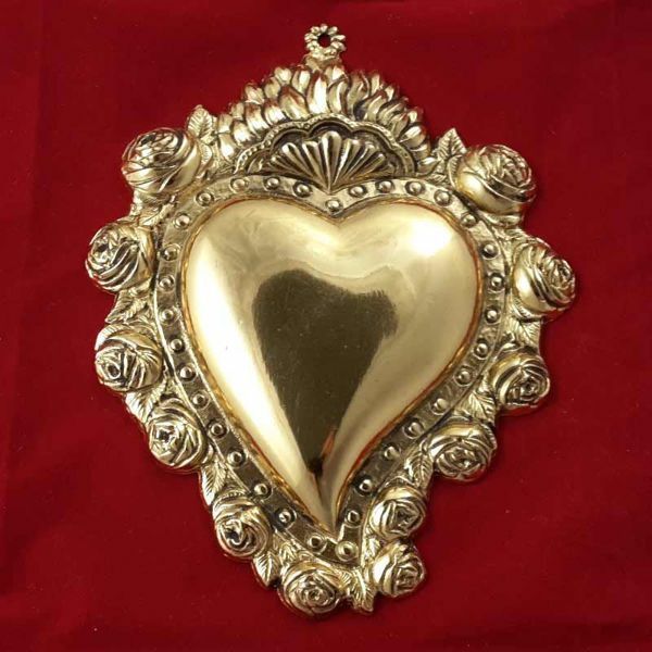 Votive heart with roses - Gold or silver plated Ex Voto