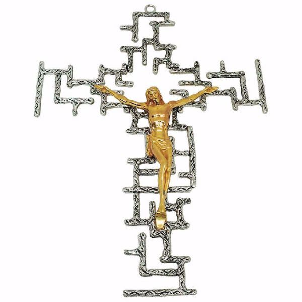 kruzifix24 Color Argento 15,5 cm con Inserto in Ottone Croce da Parete Devotionalien in Acciaio con Decorazione 