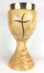 Picture of Eucharistic Chalice H. cm 20 (7,9 inch) stylized Cross in Olive Wood of Assisi