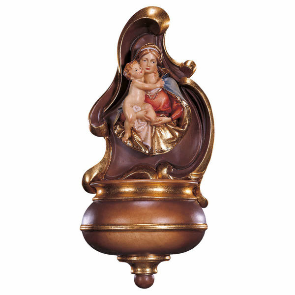 Acquasantiera con Busto di Madonna in Bassorilievo cm 26 (10,2 inch) Scultura  da parete dipinta ad olio in legno Val Gardena