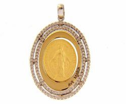 Picture of Ave Maria Miraculous Medal Our Lady of Graces Regina sine labe originali concepta o.p.n. Sacred Oval Medal Pendant gr 4,5 Bicolour yellow white Gold 18k with Zircons