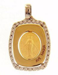 Picture of Ave Maria Miraculous Medal Our Lady of Graces Regina sine labe originali concepta o.p.n. Sacred Rectangular Medal Pendant gr 2,4 Bicolour yellow white Gold 18k Zircons