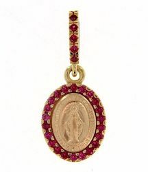 Picture of Miracolous Madonna Our Lady of Graces with crown Coining Sacred Oval Medal Pendant gr 1,5 Yellow Gold 18k red Zircons Mother of Pearl