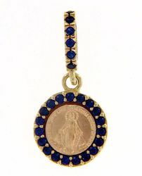 Picture of Miracolous Madonna Our Lady of Graces with crown Coining Sacred Medal Round Pendant gr 1,4 Yellow Gold 18k blue Zircons Mother of Pearl for Woman 