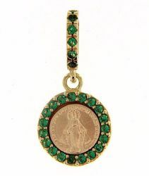 Picture of Miracolous Madonna Our Lady of Graces with crown Coining Sacred Medal Round Pendant gr 1,4 Yellow Gold 18k green Zircons Mother of Pearl for Woman 