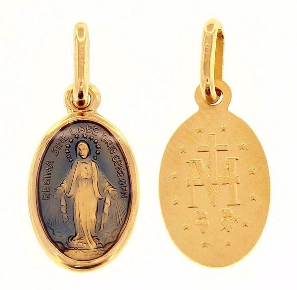 Picture of Miracolous Madonna Our Lady of Graces Coining Sacred Oval Medal Pendant gr 1,3 Yellow Gold 18k with blue Enamel for Woman 