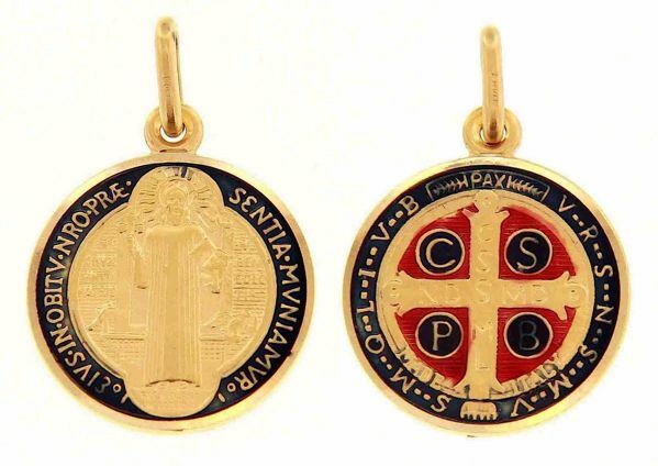 Cross of Saint Benedict Crux Sancti Patris Benedicti Coining Sacred Medal  Round Pendant gr 3,9 Yellow Gold 18k with Enamel Unisex Woman Man