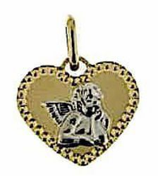 Imagen de Corazón con Ángel de Rafael y borde diamantado Medalla Sagrada Colgante gr 0,85 Bicolor Oro blanco amarillo 18kt para Mujer y para Niña y Niño