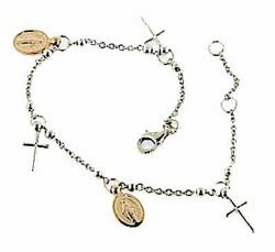 Picture of Rosary Cuff Bracelet with 2 Miraculous Virgin Mary Medals and 3 Crosses gr 4,4 Bicolour rose and white Gold 18k with Smooth Spheres for Woman 