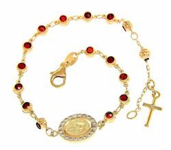 Picture of Rosary Cuff Bracelet Miraculous Medal of Our Lady of Graces Cross and Light Spots gr 5,6 Yellow Gold 18k with Zircons and red Garnets for Woman, Boy and Girl  