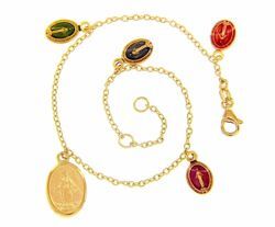 Picture of Rosary Cuff Bracelet with 5 Miraculous Virgin Mary Medals gr 5,5 Yellow Gold 18k with colored Enamels for Woman, Boy and Girl  