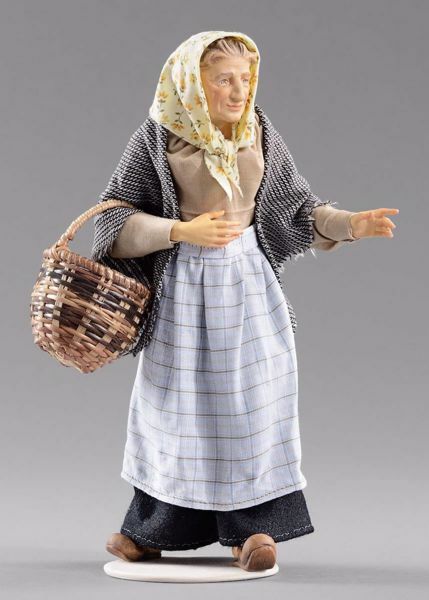 Contadina anziana con cesto cm 12 (4,7 inch) Presepe vestito Hannah Alpin  statua in legno Val Gardena abiti in tessuto