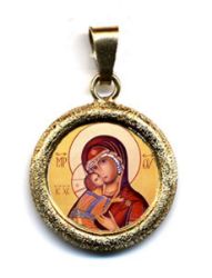Picture of Our Lady of Vladimir Gold plated Silver and Porcelain round Pendant diamond-cut finish Diam mm 19 (075 inch) Unisex Woman Man