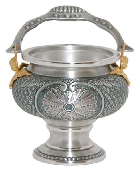 Picture of Holy Water Vat H. cm 13 (5,1 inch) Shell Decorations Angels chiseled brass Gold Silver blessed water Liturgical Aspersorium Bucket Pot