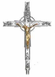 Immagine di Croce astile processionale cm 52x36 (20,5x14,2 inch) stile moderno decorato in ottone Oro Argento Crocifisso per Processione Chiesa