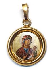 Picture of Madonna with Child Gold plated Silver and Porcelain round Pendant smooth finish Diam mm 19 (075 inch) Unisex Woman Man