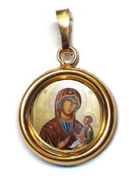 Imagen de Virgen con Niño Medalla colgante redonda acabado liso Diám mm 19 (0 75 inch) Plata con baño de oro y Porcelana Unisex Mujer Hombre