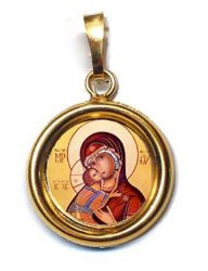 Picture of Our Lady of Vladimir Gold plated Silver and Porcelain round Pendant smooth finish Diam mm 19 (075 inch) Unisex Woman Man