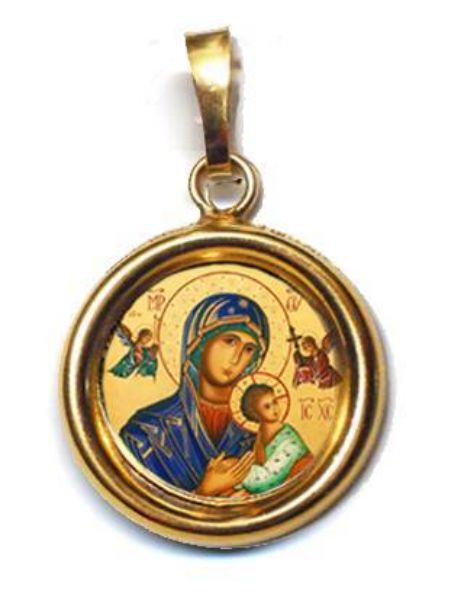 Imagen de Virgen del Perpetuo Socorro Medalla colgante redonda acabado liso Diám mm 19 (0 75 inch) Plata con baño de oro y Porcelana Unisex Mujer Hombre