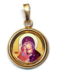 Picture of Our Lady of Tenderness Gold plated Silver and Porcelain round Pendant smooth finish Diam mm 19 (075 inch) Unisex Woman Man