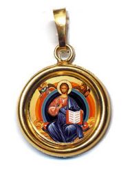Picture of Christ on the throne Gold plated Silver and Porcelain round Pendant smooth finish Diam mm 19 (075 inch) Unisex Woman Man