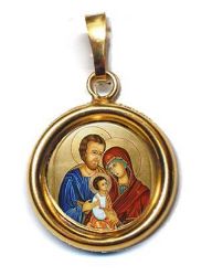 Immagine di Sacra Famiglia Ciondolo Pendente tondo liscio Diam mm 19 (0,75 inch) Argento placcato Oro e Porcellana Unisex Uomo Donna
