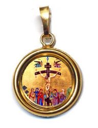 Imagen de Crucifixión Medalla colgante redonda acabado liso Diám mm 19 (0 75 inch) Plata con baño de oro y Porcelana Unisex Mujer Hombre