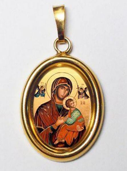 Imagen de Virgen del Perpetuo Socorro Medalla Colgante oval mm 19x24 (0,75x0,95 inch) Plata con baño de oro y Porcelana Unisex Mujer Hombre