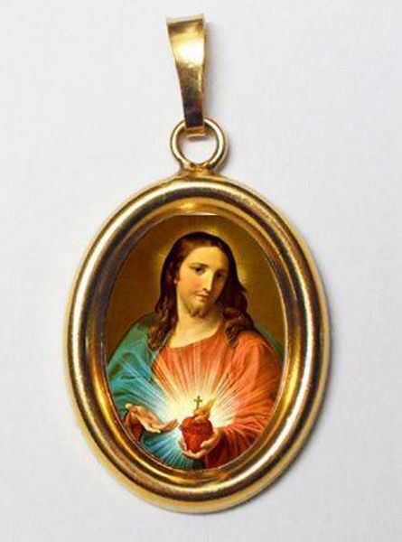 Imagen de Sagrado Corazón de Jesús Medalla Colgante oval mm 19x24 (0,75x0,95 inch) Plata con baño de oro y Porcelana Unisex Mujer Hombre