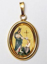 Picture of Our Lady of Sesule Gold plated Silver and Porcelain oval Pendant mm 19x24 (0,75x0,95 inch) Unisex Woman Man
