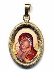 Immagine di La Vergine di Vladimir Ciondolo Pendente ovale diamantato mm 19x24 (0,75x0,95 inch) Argento placcato Oro e Porcellana Unisex Uomo Donna