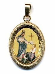 Imagen de Nuestra Señora de Sesule Medalla Colgante oval acabado diamante mm 19x24 (0,75x0,95 inch) Plata con baño de oro y Porcelana Unisex Mujer Hombre