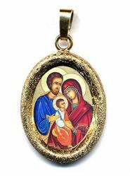 Picture of Holy Family Gold plated Silver and Porcelain diamond-cut oval Pendant mm 19x24 (0,75x0,95 inch) Unisex Woman Man