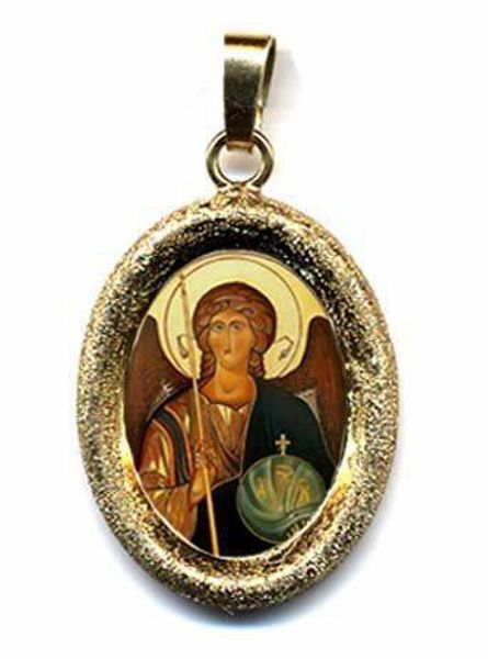 Picture of Archangel Michael Gold plated Silver and Porcelain diamond-cut oval Pendant mm 19x24 (0,75x0,95 inch) Unisex Woman Man and Kids