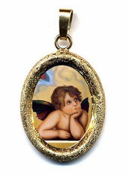 Picture of Angel Gold plated Silver and Porcelain diamond-cut oval Pendant mm 19x24 (0,75x0,95 inch) Unisex Woman Man and Kids