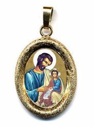 Picture of St. Joseph Gold plated Silver and Porcelain diamond-cut oval Pendant mm 19x24 (0,75x0,95 inch) Unisex Woman Man