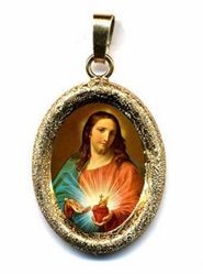 Imagen de Sagrado Corazón de Jesús Medalla Colgante oval acabado diamante mm 19x24 (0,75x0,95 inch) Plata con baño de oro y Porcelana Unisex Mujer Hombre