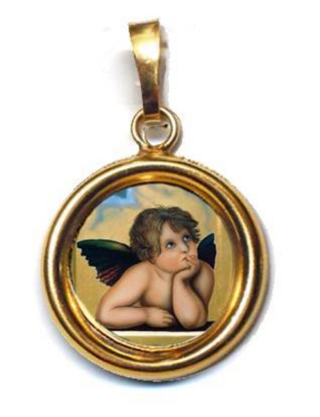 Picture of Angel Gold plated Silver and Porcelain round Pendant smooth finish Diam mm 19 (075 inch) Unisex Woman Man and Kids