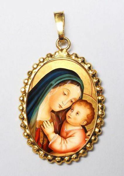 Picture of Our Lady of the Good Counsel Gold plated Silver and Porcelain Pendant with crown frame mm 24x30 (0,94x1,18 inch) for Woman