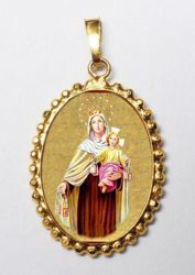 Picture of Our Lady of Mount Carmel Gold plated Silver and Porcelain Pendant with crown frame mm 24x30 (0,94x1,18 inch) for Woman