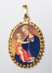 Imagen de Virgen de la Humildad Medalla colgante oval de corona mm 24x30 (0,94x1,18 inch) Plata con baño de oro y Porcelana para Mujer
