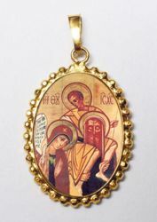 Immagine di Sacra Famiglia di Kiko Ciondolo Pendente ovale a corona mm 24x30 (0,94x1,18 inch) Argento placcato Oro e Porcellana da Donna