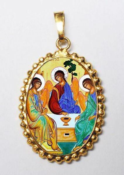 Imagen de Trinidad Medalla colgante oval de corona mm 24x30 (0,94x1,18 inch) Plata con baño de oro y Porcelana para Mujer